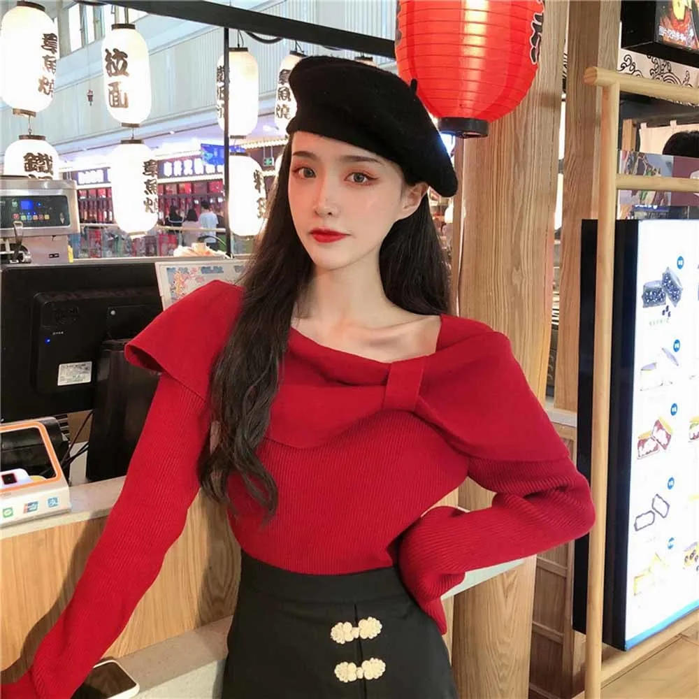 Korean Bowknot Slash Neck Women Slim Knitwear Solid Long Sleeve Knitted Tops 2021 Spring Femme Pull Jumpers