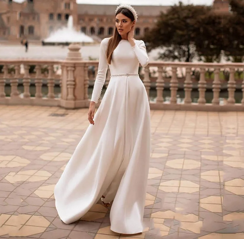 Robe De mariée élégante en Satin doux, manches longues, ligne A, effet d'illusion dans le dos, offre spéciale, 2021