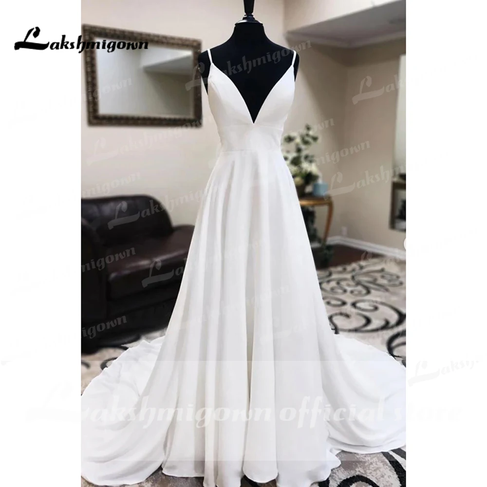 Personalizado espaguete branco sexy crepe cetim vestido de casamento uma linha vestido de noivado boho vestidos de casamento vestido branco robe de mariee