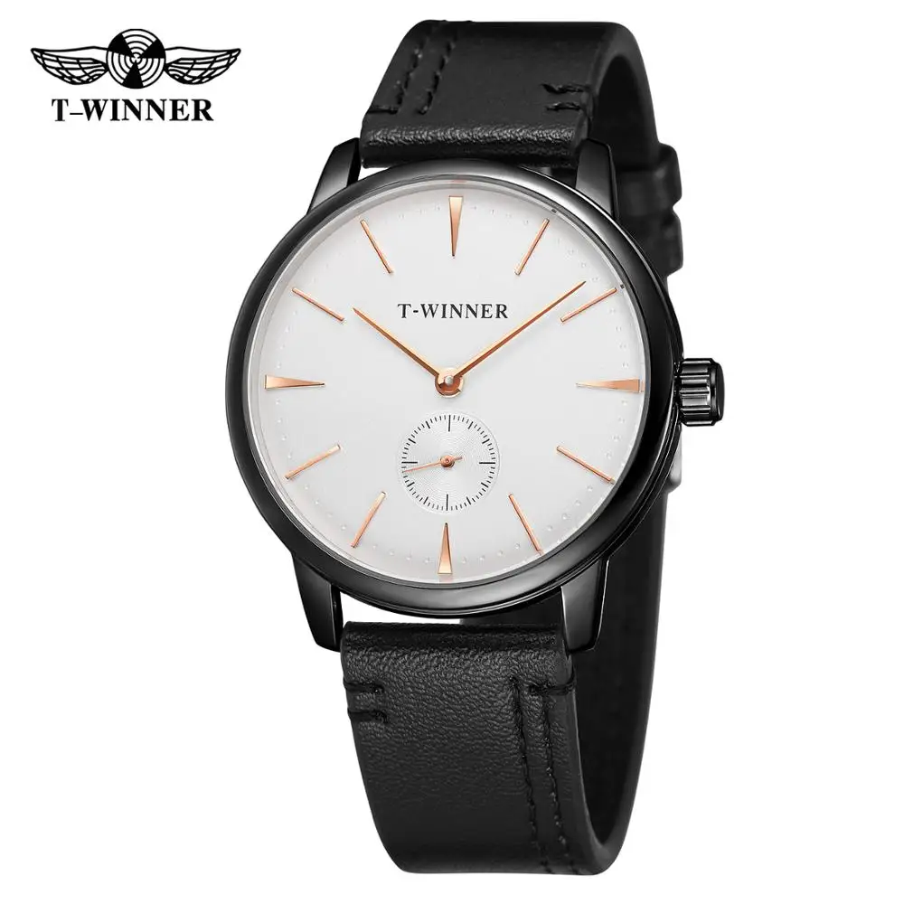 T-WINNER simple casual  men\'s and women\'s watch white dial rose gold time scale black leather strap automatic mechanical watch