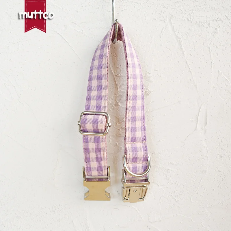 MUTTCO retailing High quality self-design dog collar PINK VIOLET PLAID handmade poly satin and nylon  5 sizes dog collar UDC101