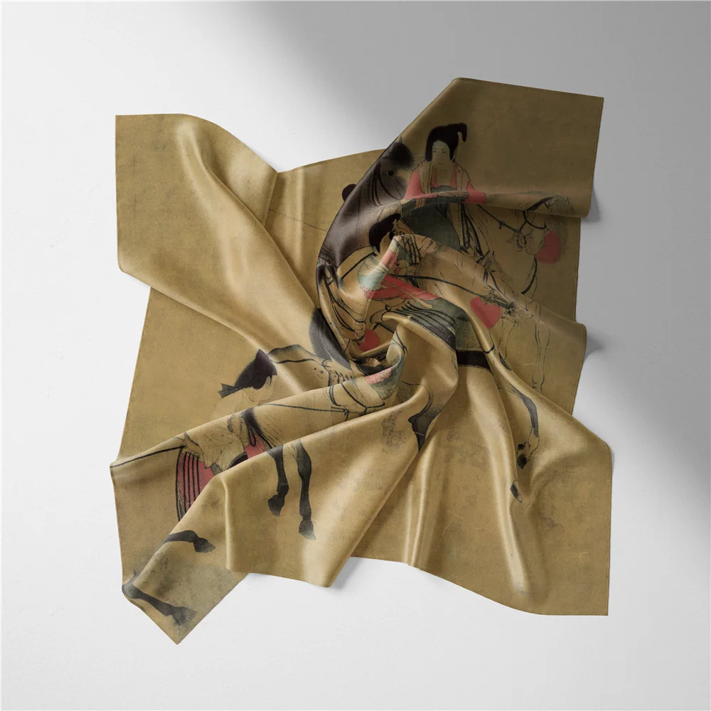 Twill Silk Scarf Woman Horse Ride Painting Square Scarves Wraps Bandana Small Hijab Silk Foulards Tie Headband Neckerchief 53CM