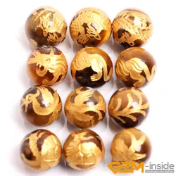 4 PCS Natural Tiger Eye Gold Carved Dragon Turtle Phoenix Pattern Prayer Rosary Loose DIY Beads For Jewelry Making 10/12/14mm