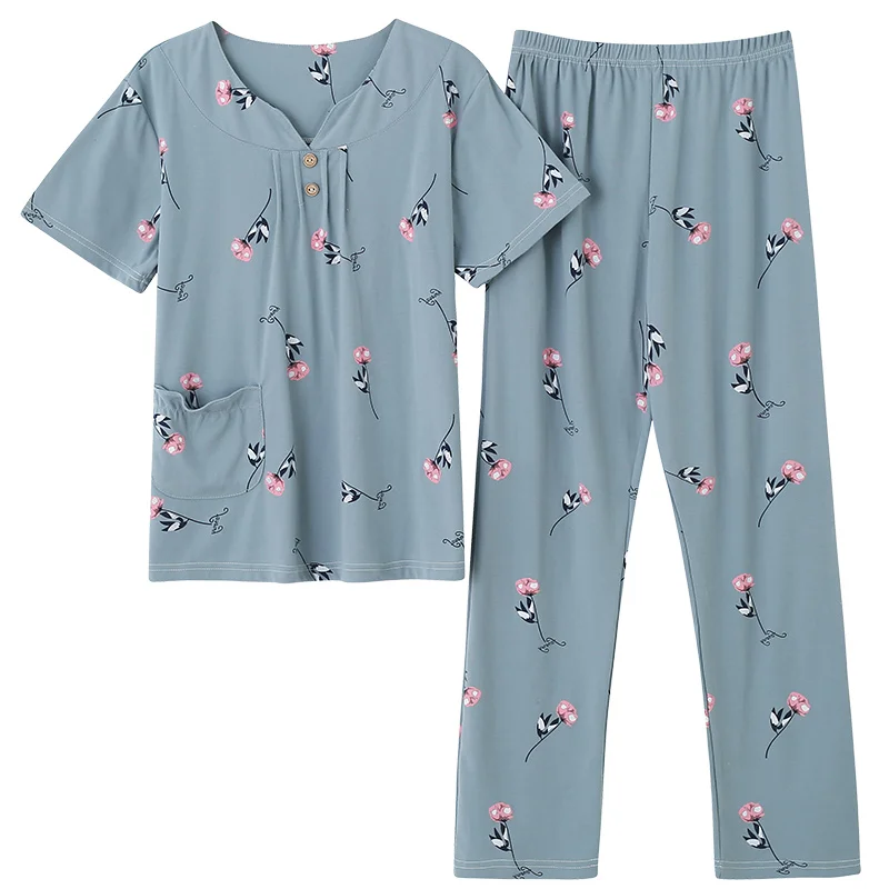 

Big Yards 4XL 2 Piece/set Summer Women Sleepwear Full Pure Cotton Pajama Set Short Sleeve Sleepwear Pajamas Suit Female Homewear