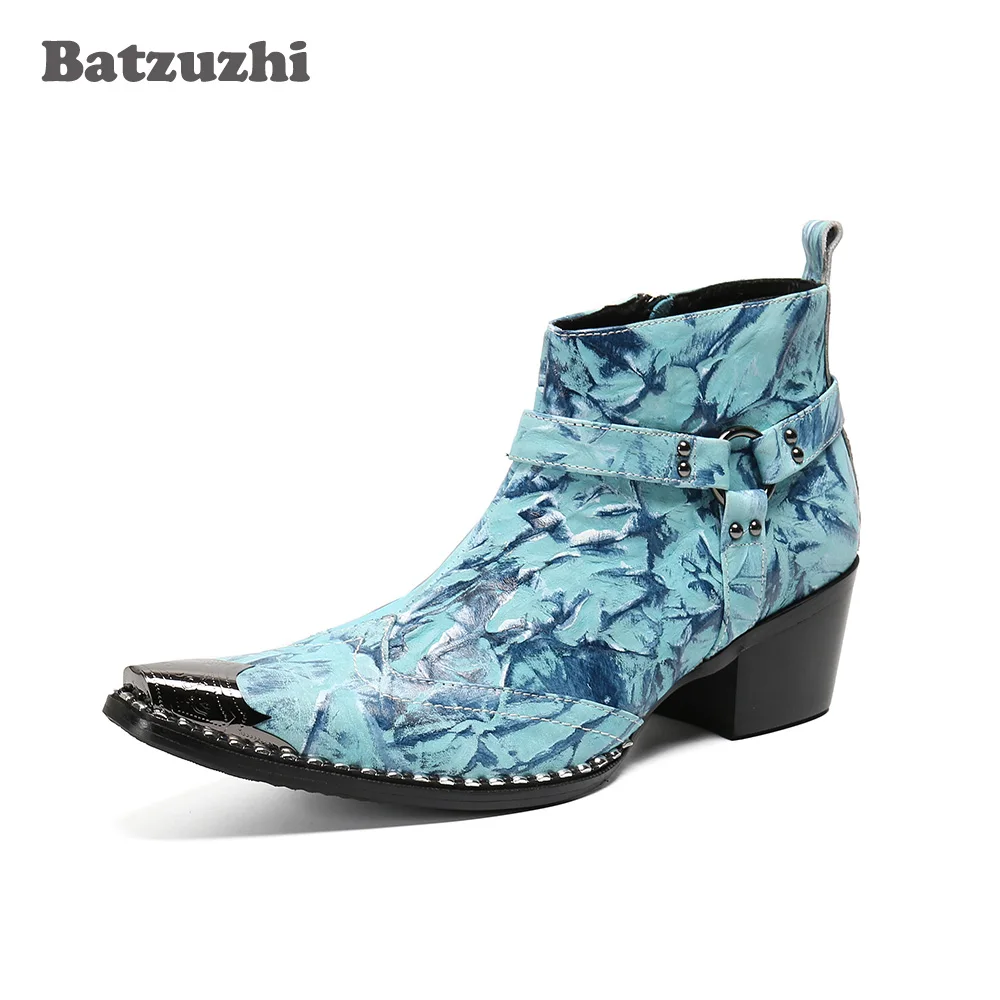 Batzuzhi Botas Hombre Italy Type Handmade Men's Boots Pointed Iron Toe Leather Ankle Boots Punk Ankle Boots Men Party 6.5cm Heel