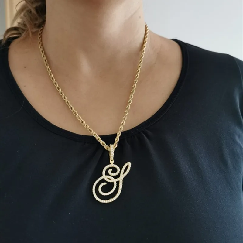 DOREMI New A-Z Cursive Letters Name Pendant &Necklace Iced Out Cubic Zircon Rope Chain Gold Silver Color Charm Hip Hop Jewelry