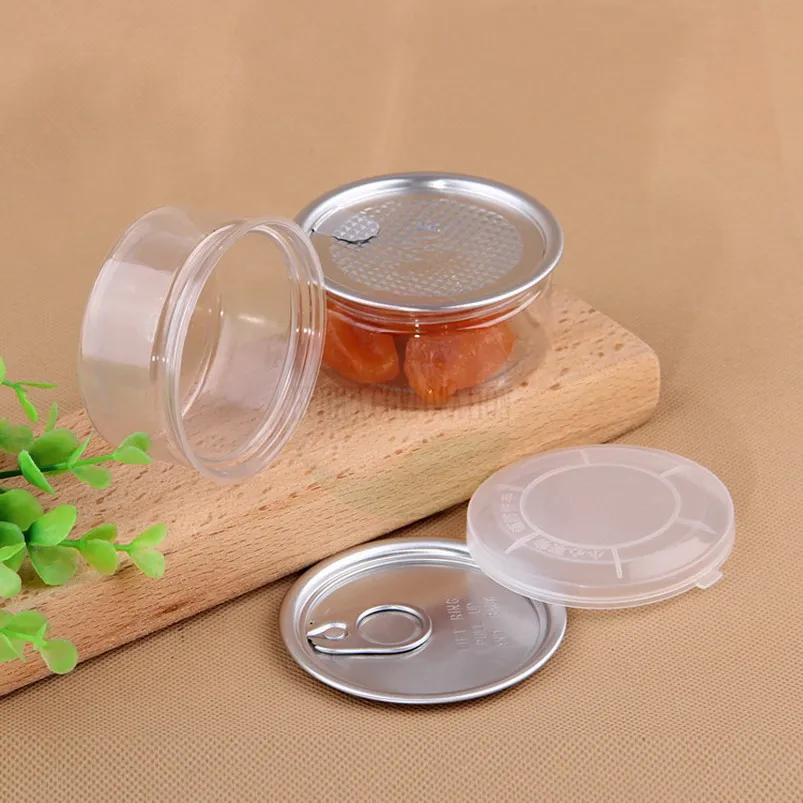 100pcs Clear Plastic Jar PET with Metal Lid Airtight Tin Can Pull Ring Concentrate Container Food Herb Storage 100ML W0101