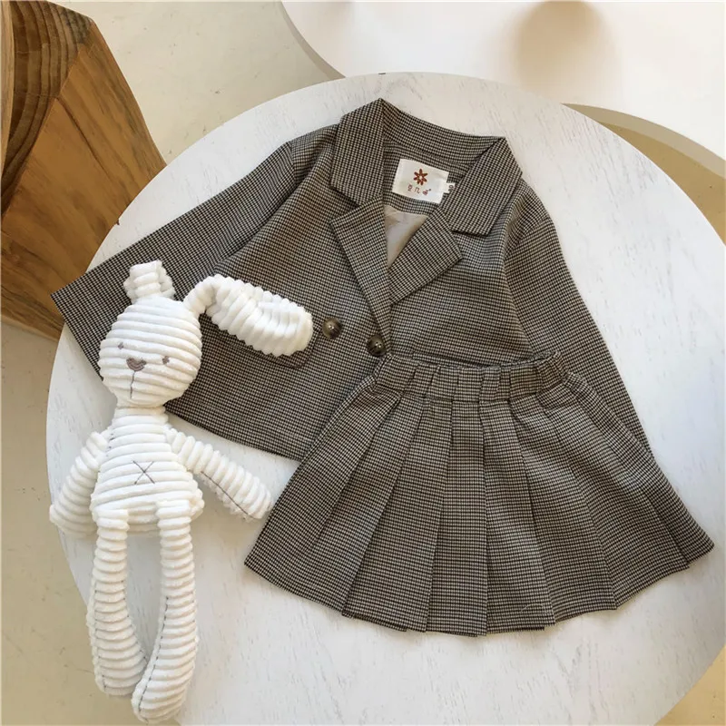 

2021 Spring Autumn New Arrival 2pc Party Outfit Kids Girls Clothing Sets Fashion Plaid Blazer Coat+Pleated Skirt Children's Sets