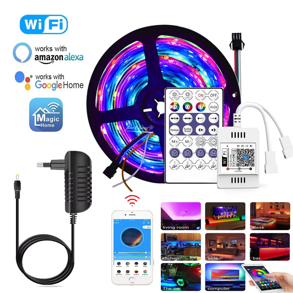 rgb led tira enderecavel sonho cor completa com 28key rf wifi inteligente app controlador mais led poewr conjunto 5m 10m ws2811 dc12v 01