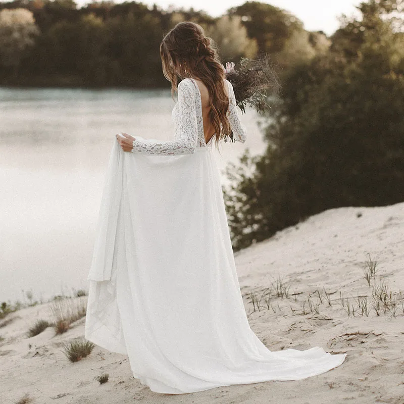 Vestido de novia de manga larga con cuello de pico y Espalda descubierta, traje de novia de gasa con encaje de princesa, estilo bohemio, 2019