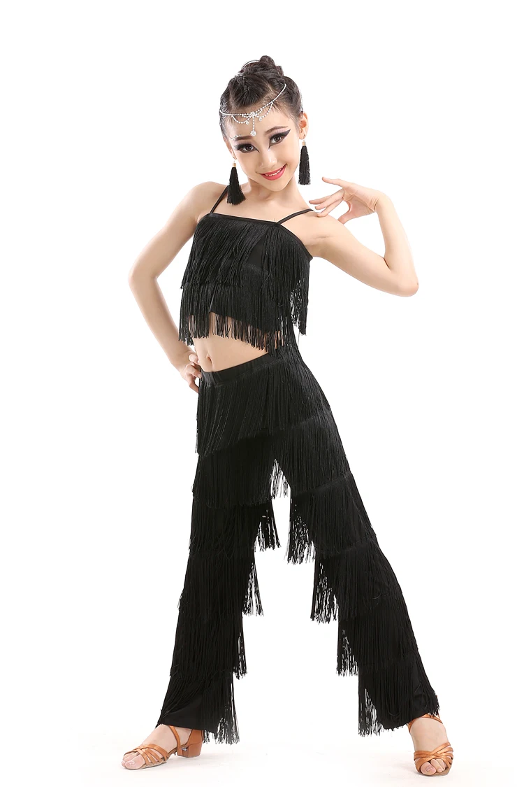 1 Set Girl Latin Dance Dresses Ballroom Fringe Tassel Dress Pants Kids Sequin Fringe Salsa Samba Stage Competition Dance Costume