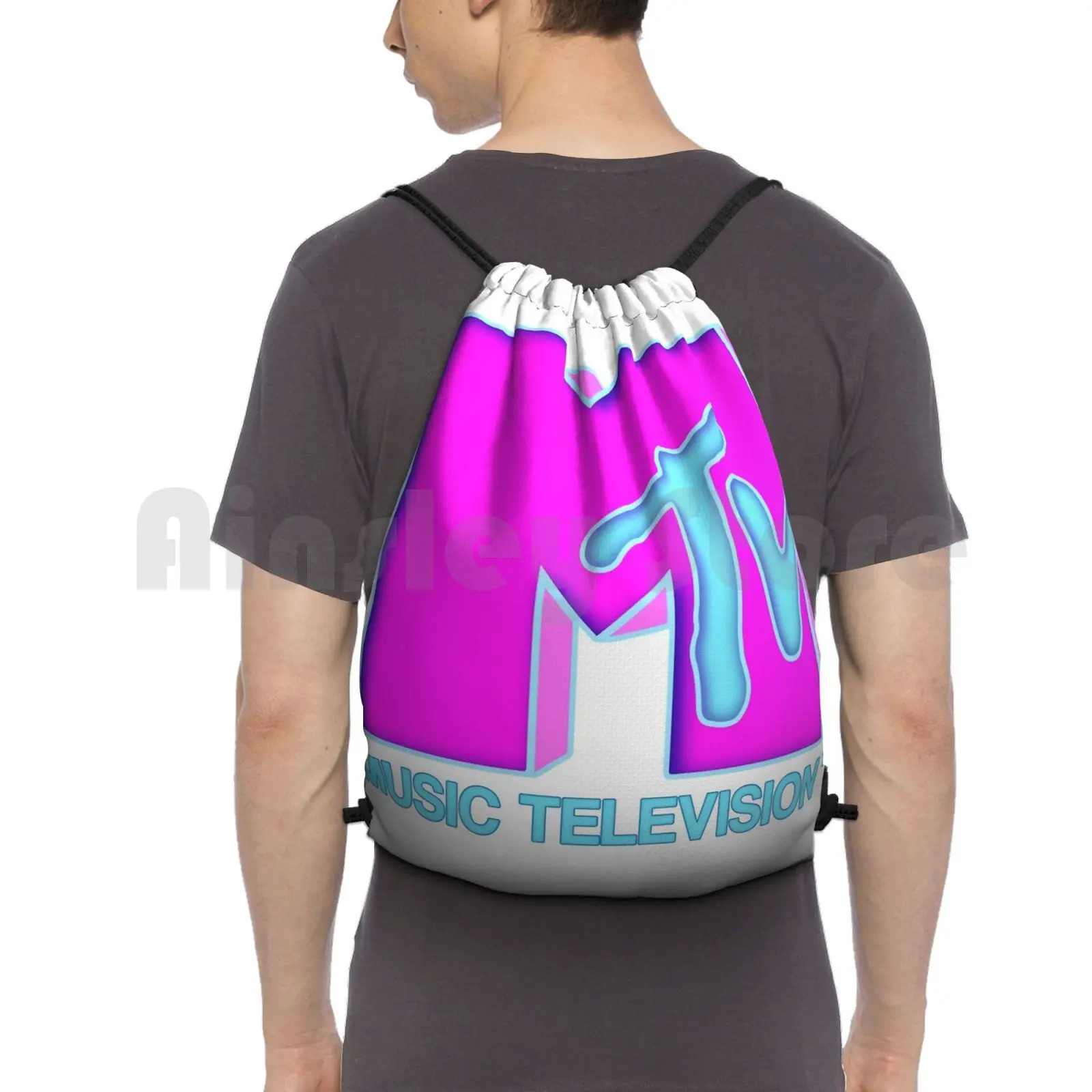 Mtv-Neon 80s Design Backpack Drawstring Bags Gym Bag Waterproof Mtv Beavis And Butthead 90s 80s 1980s Vintage Retro Tv