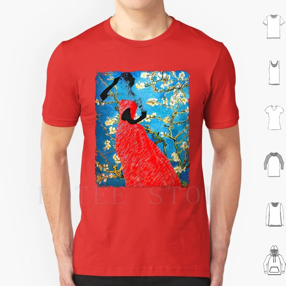 Van Gogh T Shirt Cotton Men DIY Print Art Almond Blossom Red