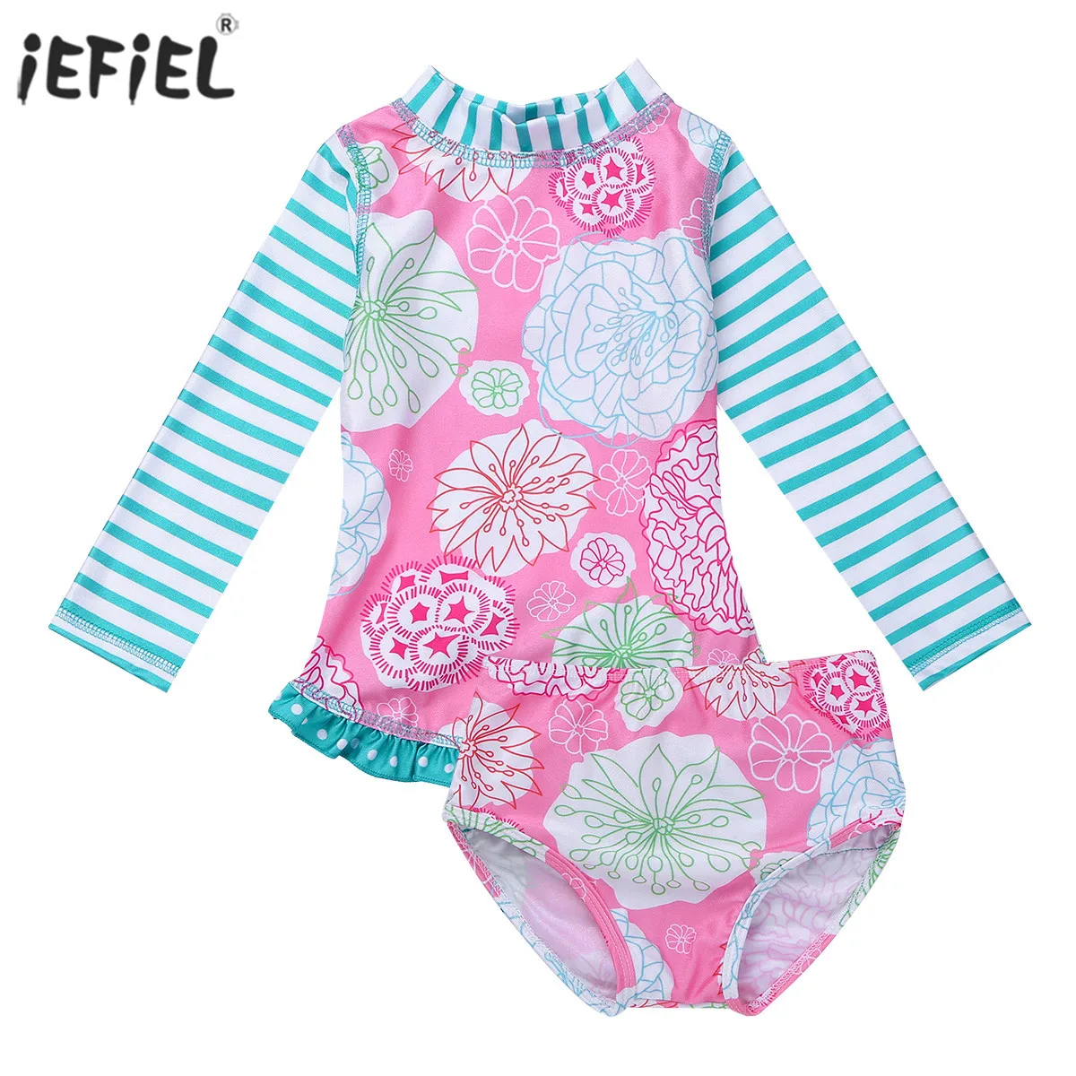 

2Pcs Floral Printed Spliced Girls Swimwear Cute Long Sleeve Kids Girls Tankini Seperate Bathing Suit Set Tops with Bottoms