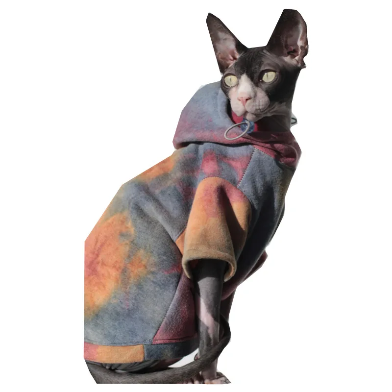 Pet Cat Sweater Dogs Plus Fleece Warmth Thick Clothes Tie-dye Hooded Sweater British Short Hairless Cat