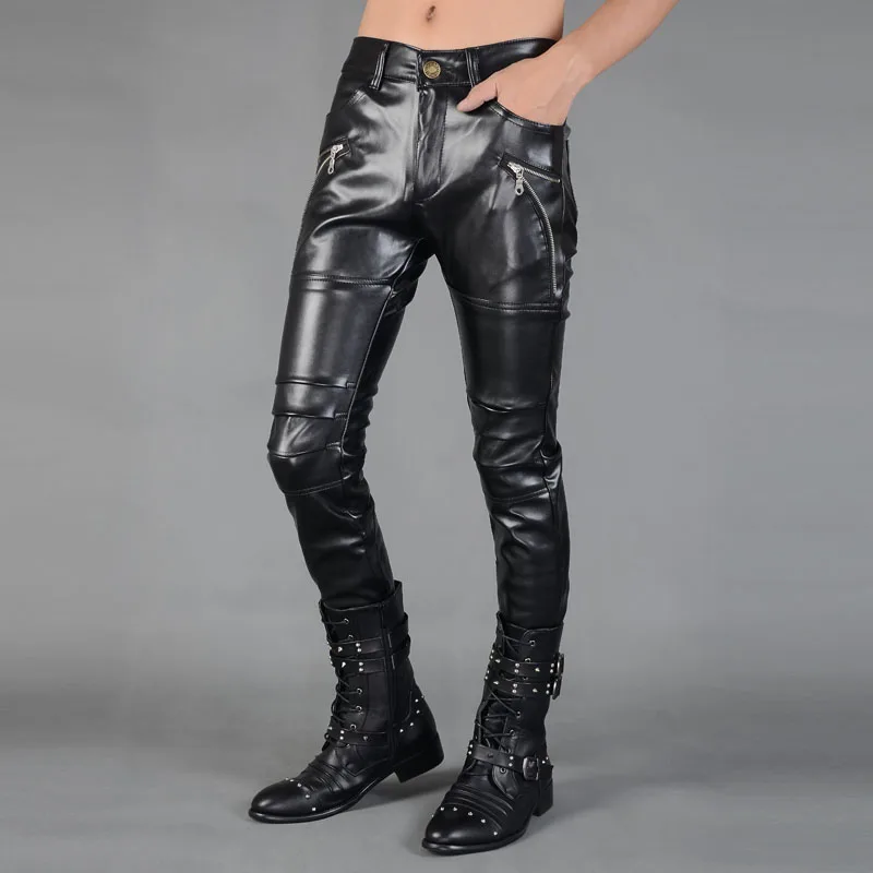 Idopy Men`s Leather Pants Punk Style Skinny Zippers Party Stage Performance Night Club Steampunk Faux PU Leather Trousers