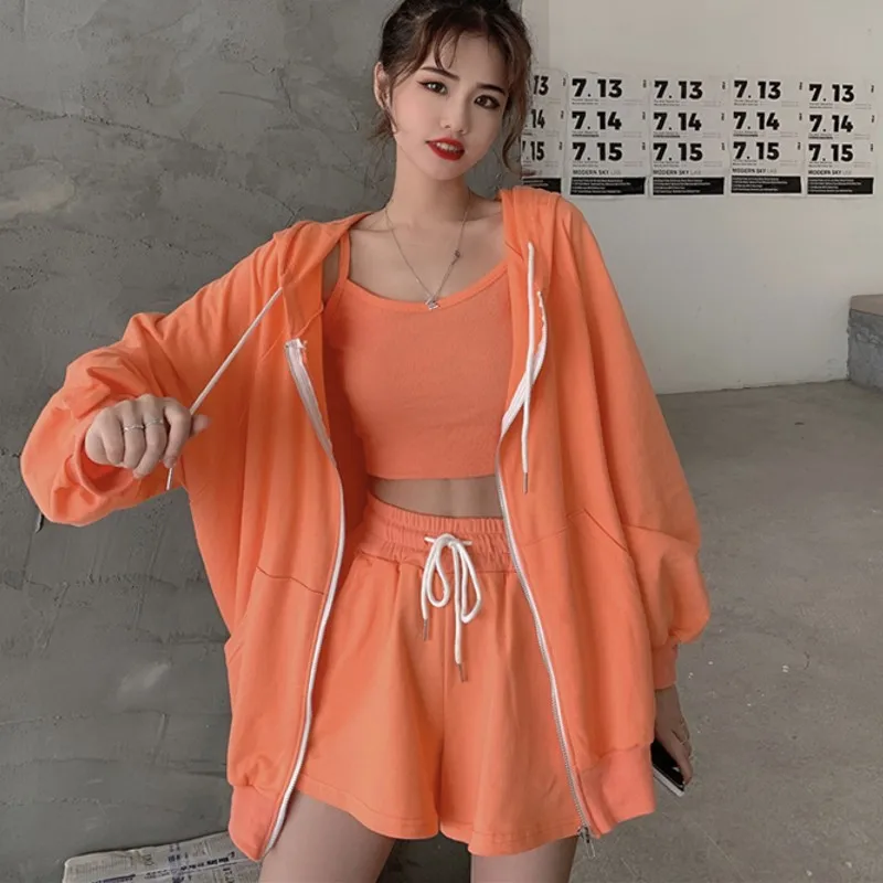 

Casual Fashion Sweat Suits Women Zipper Hooded Coat Basic Camisole High Waist Shorts 2020 Summer Korean Outfits