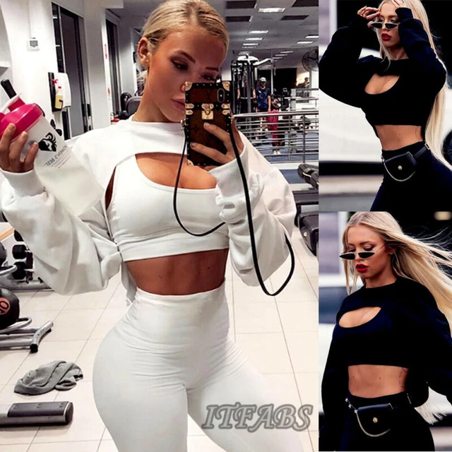 Sexy Women Sweatshirt Crop Top 2020 New Arrival Long Sleeve Gym Solid Sports Pullover Jumper Sweatshirts