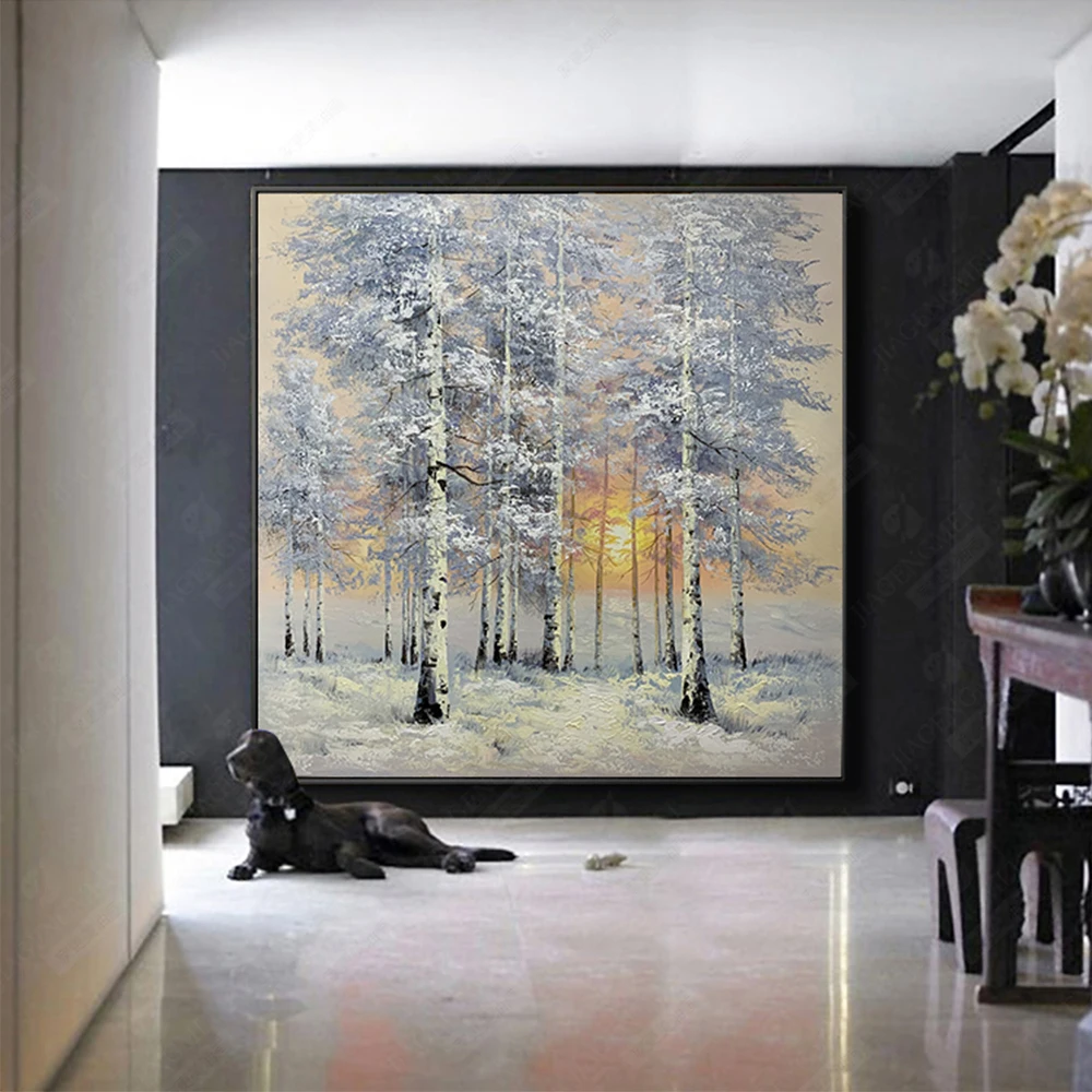 Pure Hand-Painted Oil Painting Snow Scene Birch Sunrise Decorative Painting Nordic Landscape Painting Hotel Home Decor No Framed