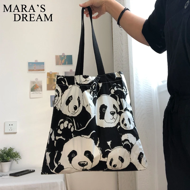 Mara\'s Dream Cute Panda Canvas Backpack Diagonal Single Shoulder Bag For Girls Female Shopping Casual Large-Capacity With Zipper