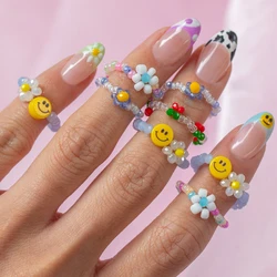 Rainbow Flower Bead Ring Fashion Trendy Bohemian Handmade Multi Color Smile Transparent Rice Beads For Women Girls Jewelry Gift