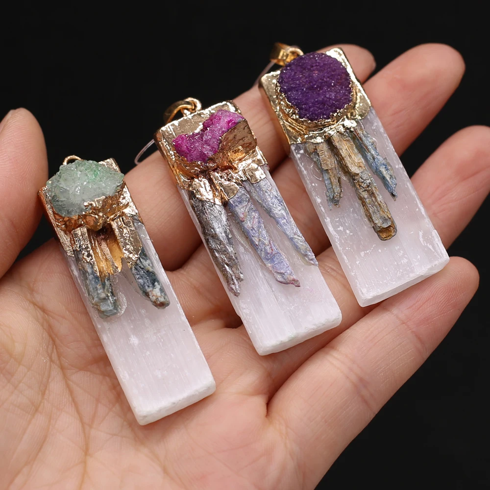 

Natural Druzy Stone Pendant Charms Rectangle Agates Pendant Plating Gold for Making Women DIY Necklace Accessories 17x50mm