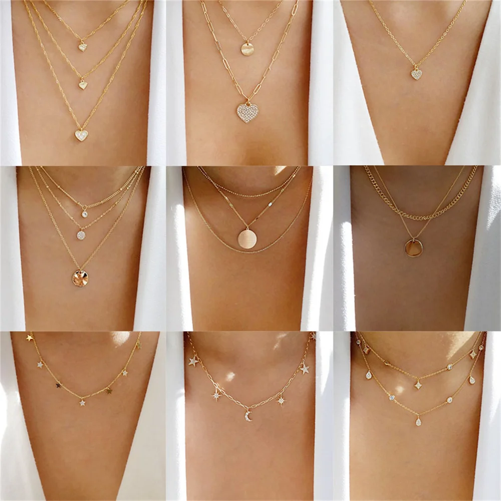 Multilevel Gold Color Full Crystal Heart-shaped Five-pointed Star Moon Drop Pendant Necklace For Women Female Vintage Jewelry