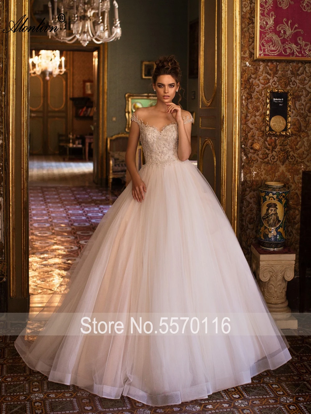 Alonlivn Sweetheart A-Line Wedding Dresses Beading Crystals Off Shoulder Backless Bridal Skirts