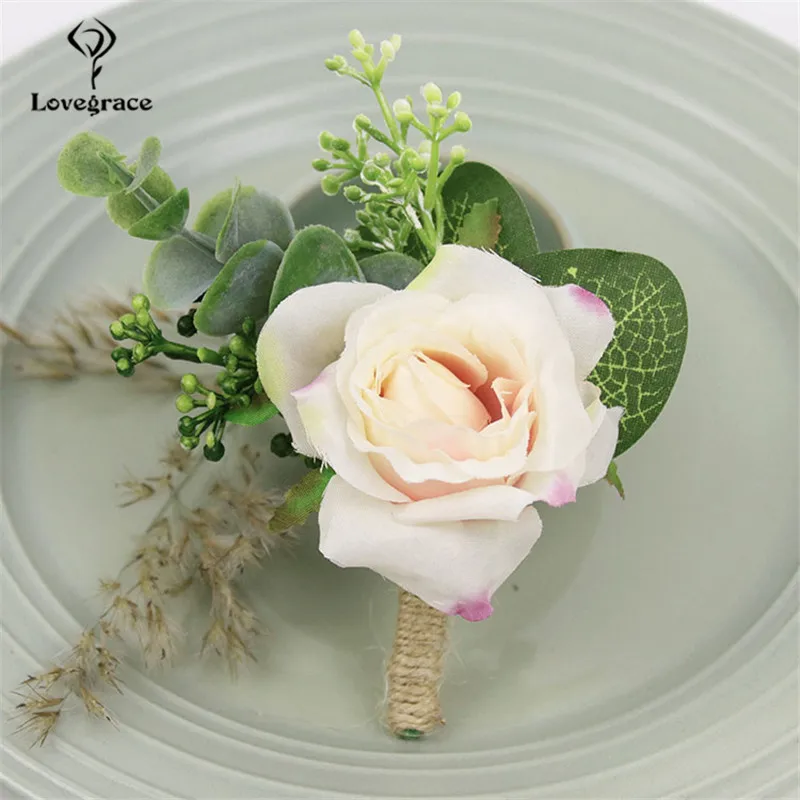 Lovegrace Rose Boutonniere Pengantin Pergelangan Tangan Korsase Groom Boutonniere Gadis Gelang Putih Kuning Pergelangan Tangan Korsase Kualitas Bunga Palsu