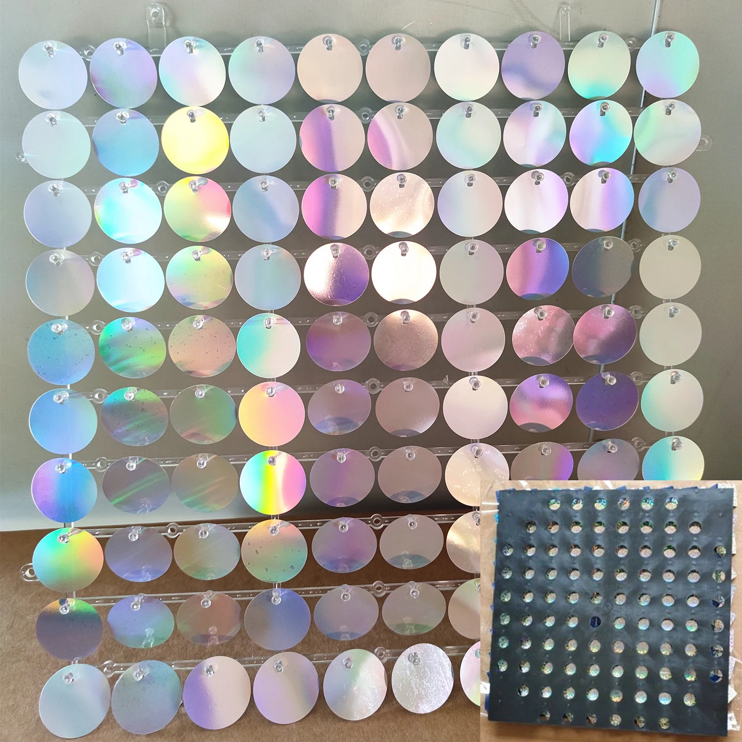 Round Silver Hologram Sequins Grid With Clip Wall Panels Background Boards Air Moving Plates Easy installation