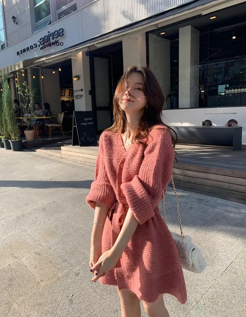 

Thick Long Sleeved Sweater Dress Women Winter V-Neck Single Breasted Lace-Up Sweater Dress Sweet a Dress