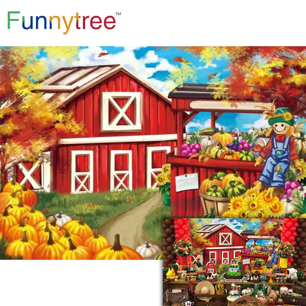 Funnytree مزرعة الحظيرة حفلة خلفية الخريف اليقطين الشكر زهرة باريار البيت فزاعة العشب خلفية عيد ميلاد