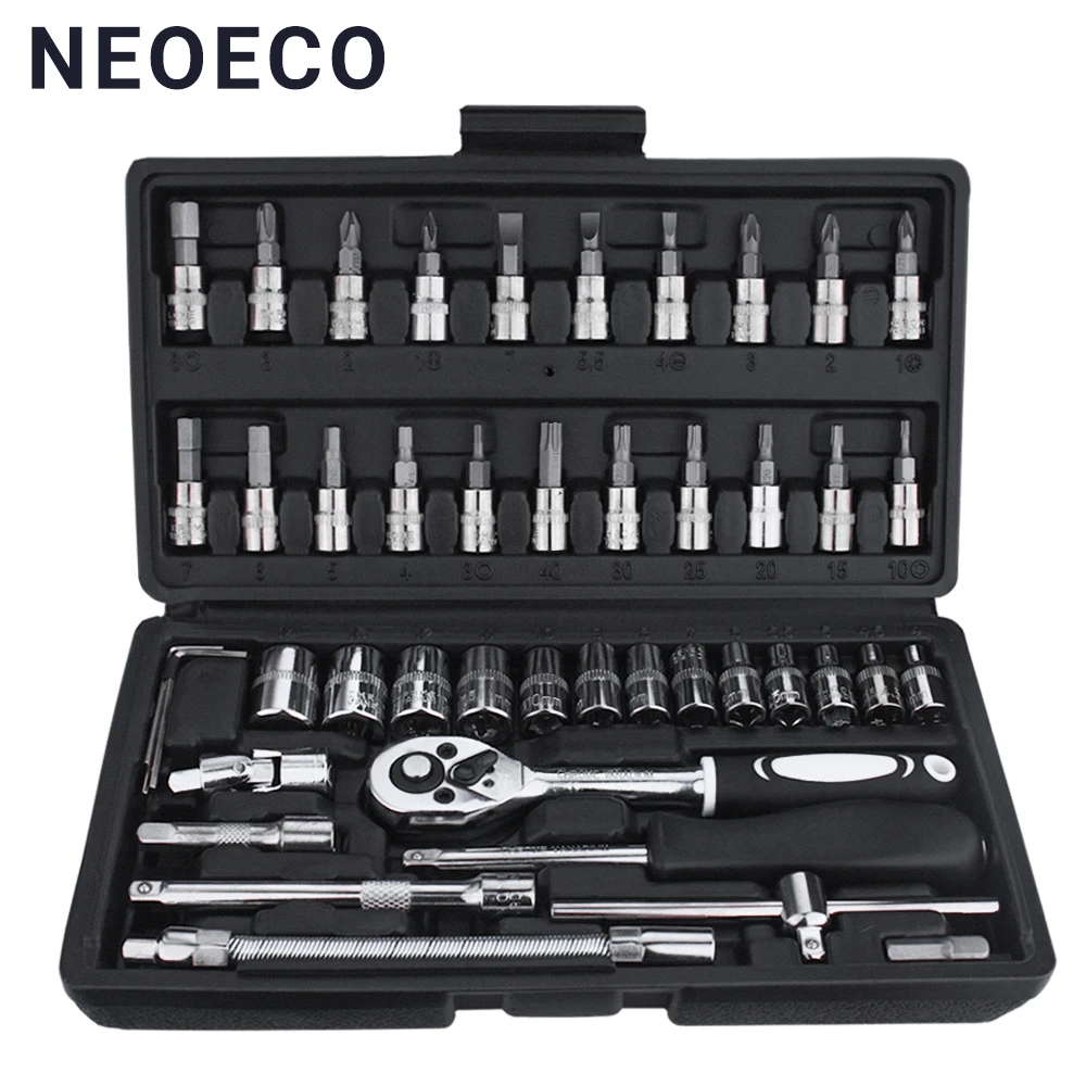 46pcs CRV Alloy Ratchet Wrench Set Steel Mirror Socket Combination Kit Extension Hex Car Auto Repair Mechanical Spanner Imperial