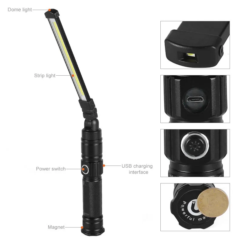 USB Rechargeable Work Light Ultra Bright LED Flashlight With Magnetic Base 5 Lighting Modes Foldable Work Lamp For Car Repair