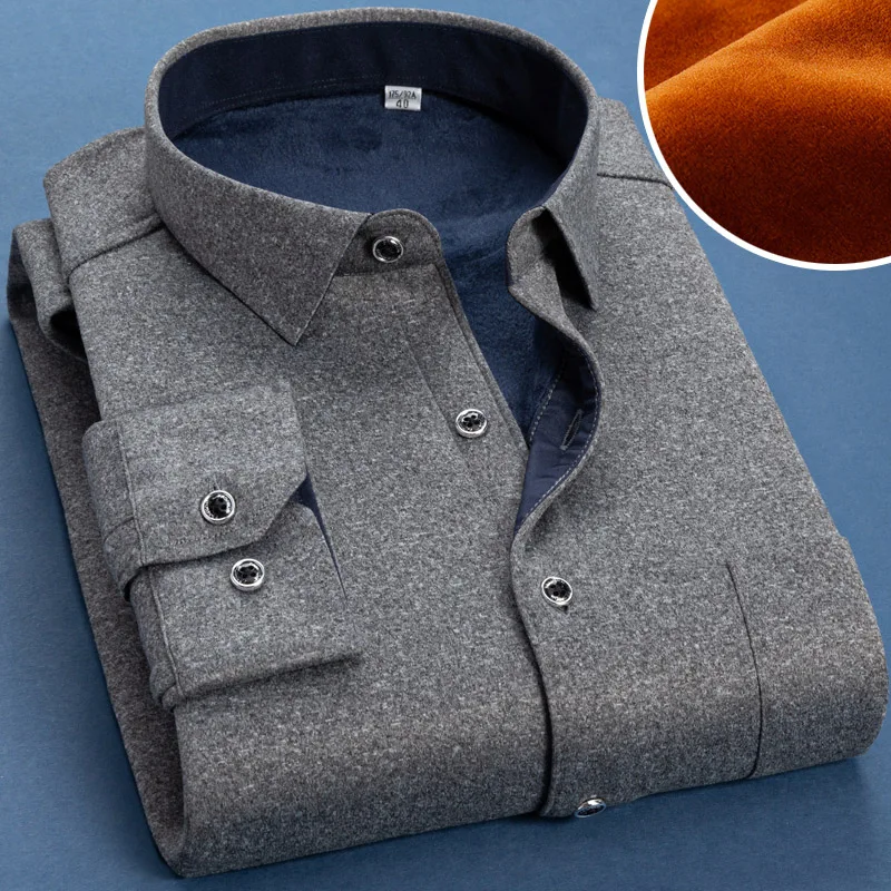 

2024 Autumn Winter Men Fleece Warm Shirt Male Fashion Solid Long Sleeve Business Big Size Shirt Plaid Thick Warm Shirt M-6XL