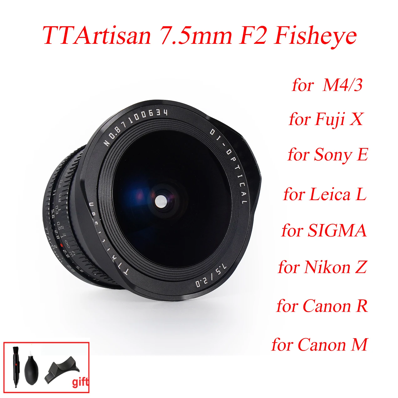 TTArtisan 7.5mm F2 Fisheye APS-C Lens Large Apertur for Sony E Fuji X Canon R Nikon Z Leica L SIGMA M4/3 MF Camera