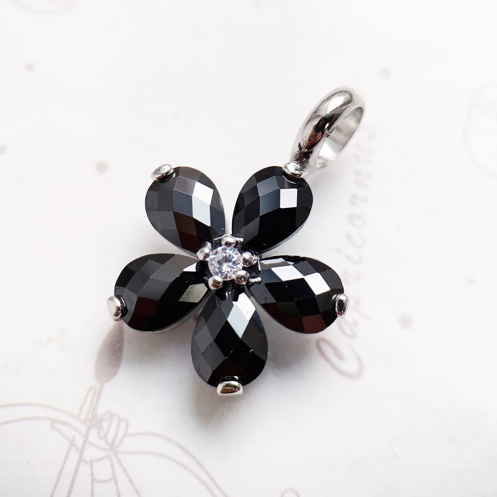 Ciondolo fiore di cristallo nero gioielli di moda di marca accessori europa regalo in argento Sterling 925 per donna
