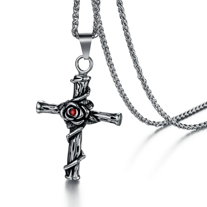 Valily Silver Color Cross Pendants&Necklaces Punk Stainless Steel Rose Flower Cross Necklaces for Men Metal Fashion Jewelry Gift