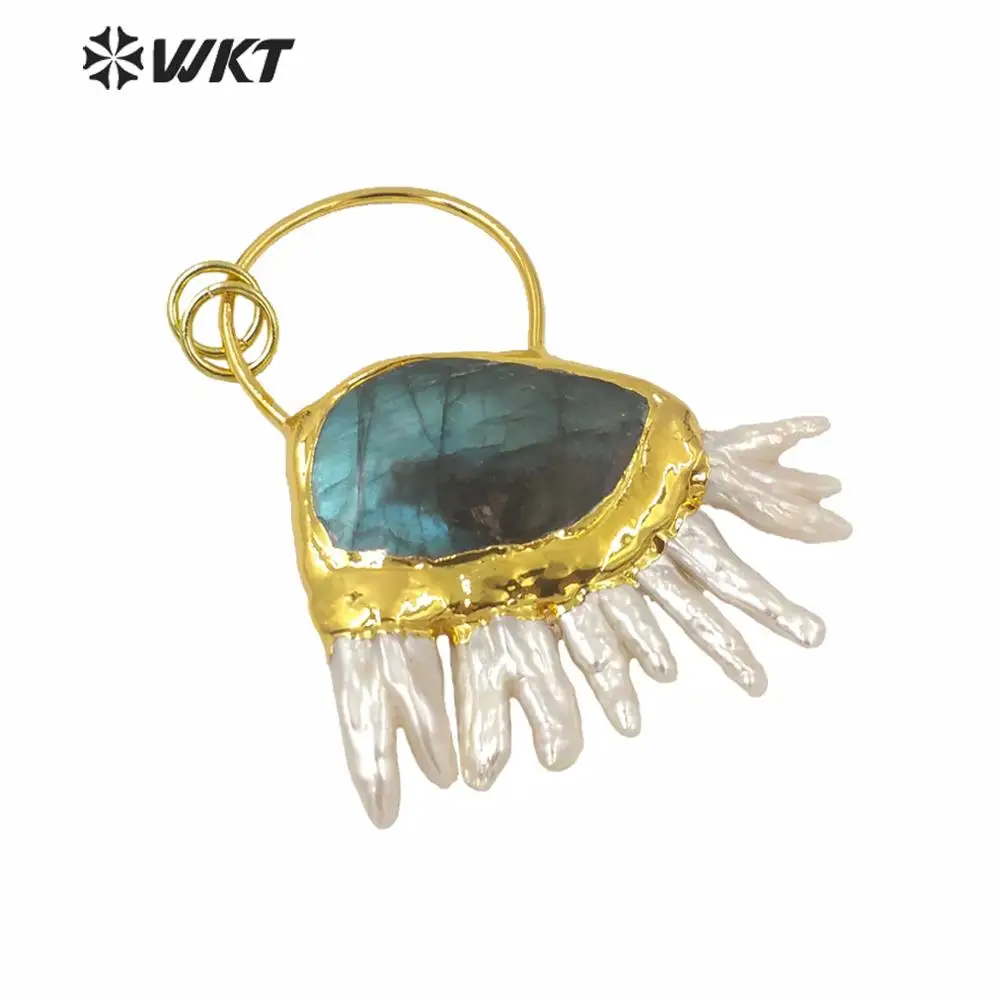 

WT-P1588 WKT Gorgeous Statement Pendant With Gold Plated Special Natural Freshwater Pearl And Labradorite Stone pendant