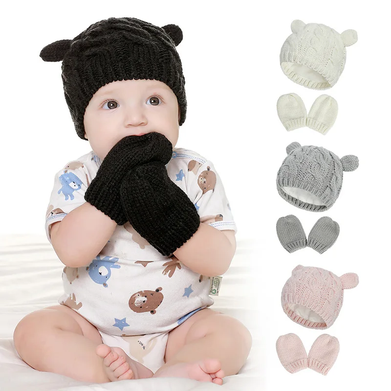 2 PCS Pure Color Baby Kids Girls Boys Winter Warm Knit Hat 2021 New Cute Glove Lovely Beanie Cap Set 0-18 Month