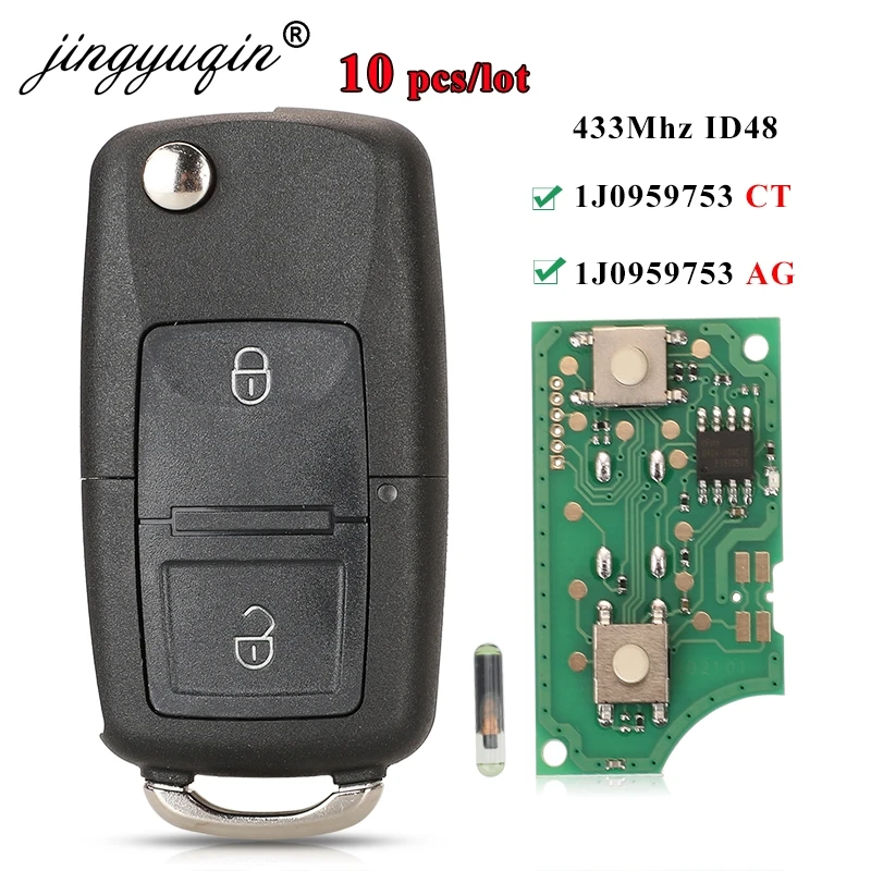 

jingyuqin 10pcs 1J0959753CT / 1J0959753AG 434MHz ID48 2B Flip Remote Car Key Fob For VW Golf Passat B5 B6 Polo Touran Seat Skoda