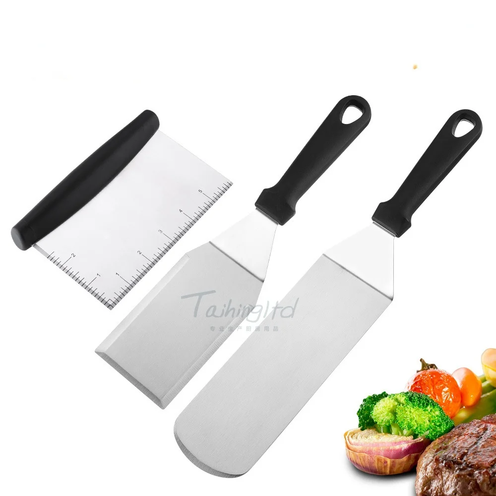 

Kitchen 3-piece Stainless Steel Cooking Spatula Outdoor Barbecue Flat Spatula Iron Plate Barbecue Meat Spatula Griddle Spatulas