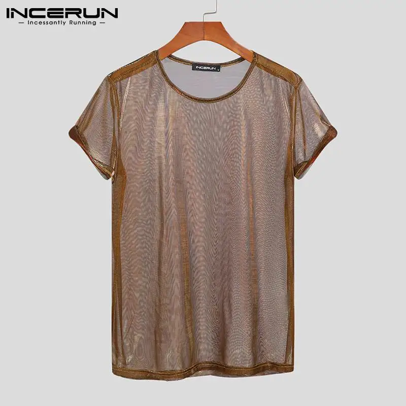 INCERUN 2024 Men T Shirt Mesh See Through Shiny O Neck Short Sleeve Sexy Tee Tops Streetwear Solid Party Nightclub Men Clothing