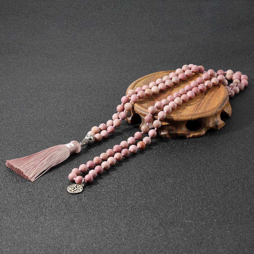 

8mm Natural Rhodochrosite Beads Hand-Knotted Meditation Yoga Prayer Spirit Jewelry 108 Rosary Japa Mala Tassel Necklace