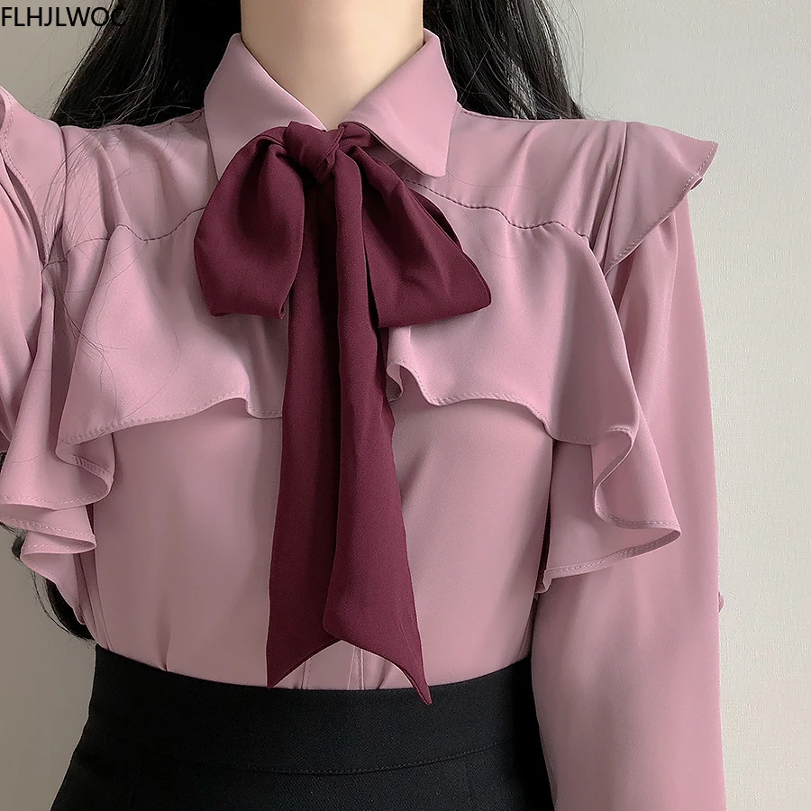 Ruffled Bow Tieฤดูใบไม้ร่วงBasic Office LadyทำงานFlareน่ารักผู้หญิงเดี่ยวปุ่มสีขาวเสื้อเสื้อ