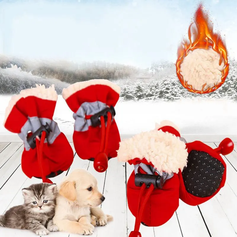 4pcs/set Winter Waterproof Pet Dog Shoes Anti-slip Rain Snow Boots Footwear Thick Warm For Small Dogs Cats Puppy Socks Booties