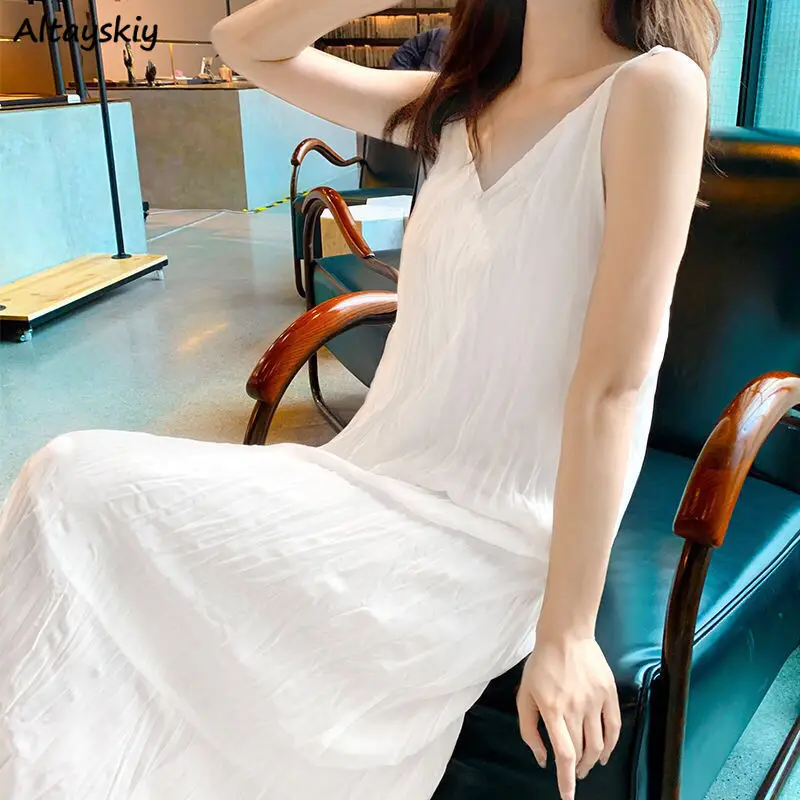 Sleeveless Dress Female V-neck Ankle Length Fairy Chiffon Folds Clubwear Casual Summer Korean Style Spaghetti Strap Vestido Ins