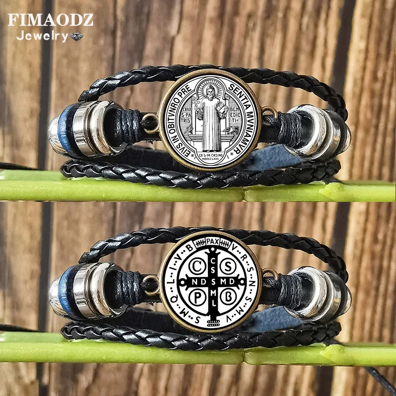 FIMAODZ Saint Benedict Medal Cross Bracelet Vintage Art Photo Print Glass Dome Black Leather Bracelets Adjustable Mens Bangles