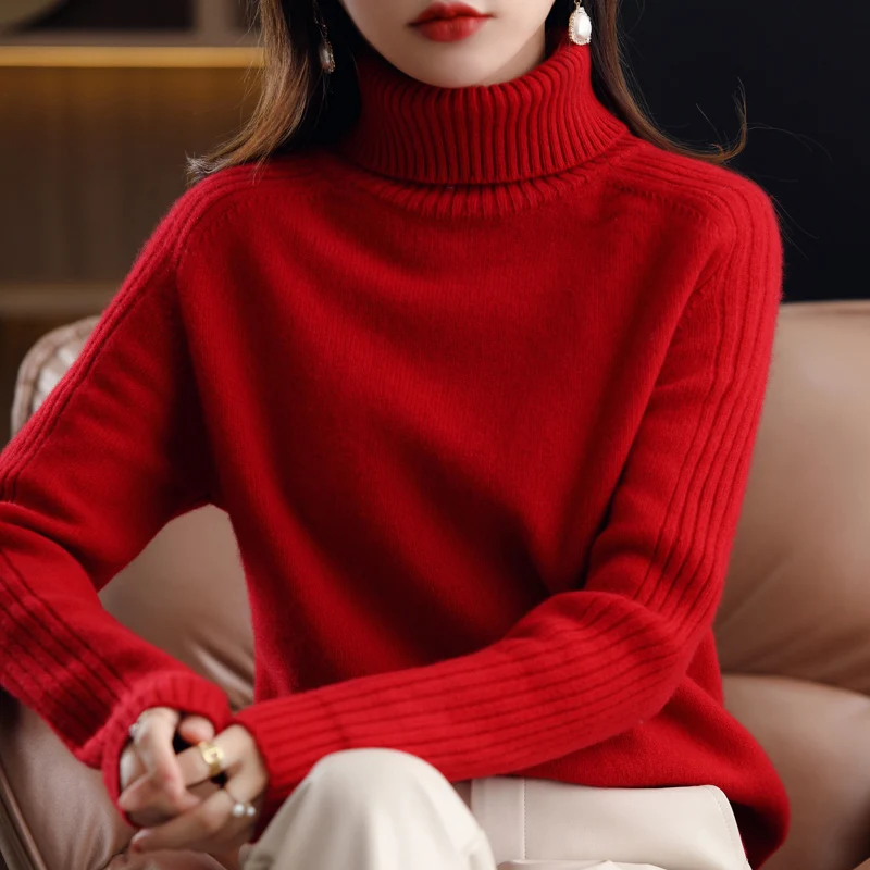 Autumn Winter New 100%Pure Wool Sweater Women High Lapel Knit Base Shirt Cashmere Loose Thick Long-Sleeve Blouse Warm Pullover