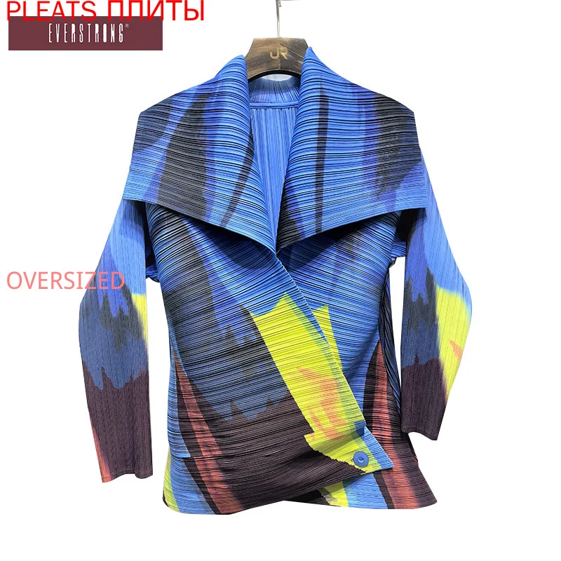 

MIYAKE-Stitching Printed Slim Coat for Female, Commuter Lapel, European and American, All-match Coat, New, Autumn and Winter